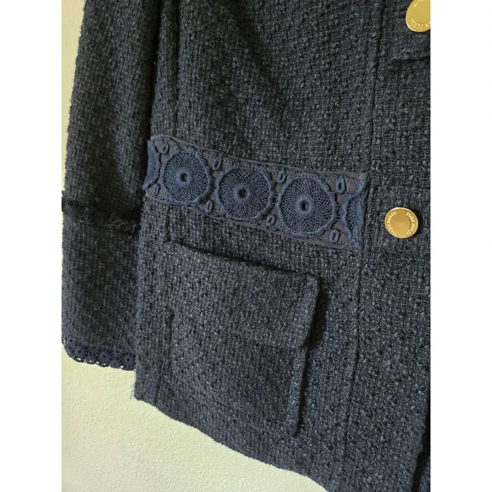 Tory Burch Navy Blue Tweed Lace Trim Jacket Gold Buttons 8  Womens Boucle Blazer - Picture 3 of 13